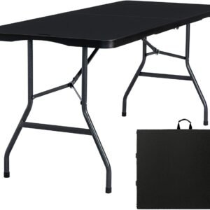 Folding Table 6ft Portable Heavy Duty Plastic Fold-in-Half 6 Foot Foldable Table Utility Dining Indoor Outdoor with Carrying Handle for Camping Picnic and Party, Black