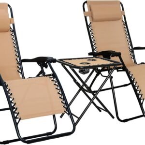 Outdoor Mesh Adjustable Zero  Lounge Chair Recliners with Side Table, 35 x 26 x 43 inches, Beige