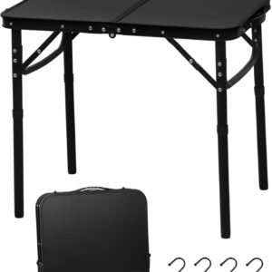 Reinforced Small Folding Table Portable, Small Foldable Camping Table, Heavy-Duty Mini Folding | Adjustable Height | Lightweight Premium Aluminum with Handle | Black 25"x16"x22"