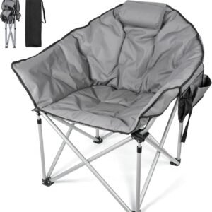 Oversized Camping Chairs for Adults, Folding Chair with Fully Padded Seat & Back, Portable Camping Lounge Chair with Two Side Pockets, Pillow and Carry Bag for Outside, Travel, Picnics
